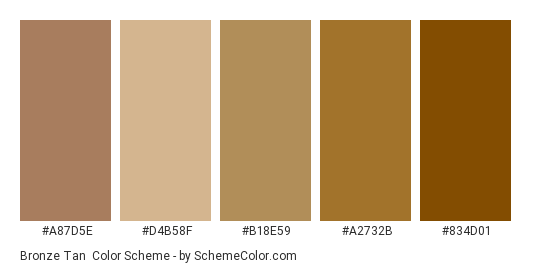 Bronze Tan - Color scheme palette thumbnail - #a87d5e #d4b58f #b18e59 #a2732b #834d01 