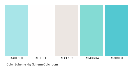 White Island - Color scheme palette thumbnail - #a8e5e8 #fffefe #ece6e2 #84dbd4 #53c8d1 