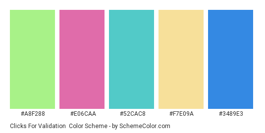 Clicks for Validation - Color scheme palette thumbnail - #a8f288 #e06caa #52cac8 #f7e09a #3489e3 