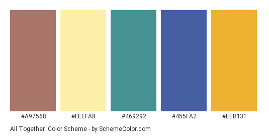 All Together - Color scheme palette thumbnail - #a97568 #feefa8 #469292 #455fa2 #eeb131 