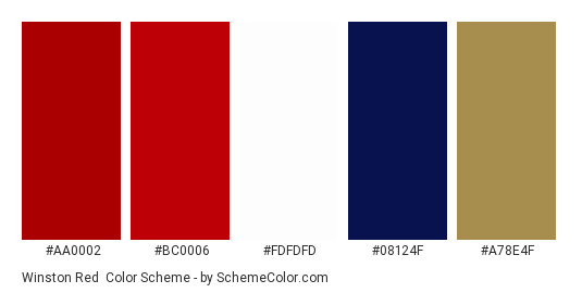 Winston Red - Color scheme palette thumbnail - #aa0002 #bc0006 #fdfdfd #08124f #a78e4f 