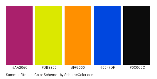 Summer Fitness - Color scheme palette thumbnail - #aa206c #dbe800 #ff9000 #0047df #0c0c0c 