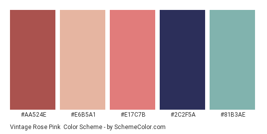 Vintage Rose Pink - Color scheme palette thumbnail - #aa524e #e6b5a1 #e17c7b #2c2f5a #81b3ae 