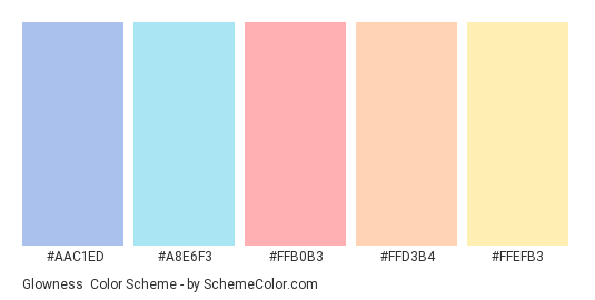 Glowness - Color scheme palette thumbnail - #aac1ed #a8e6f3 #ffb0b3 #ffd3b4 #ffefb3 