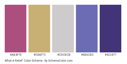 What a Relief - Color scheme palette thumbnail - #ab4f7e #c8af73 #cdcbcb #6b6cb3 #423477 