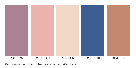 Godly Mission - Color scheme palette thumbnail - #ab8292 #ecb3ac #f1d8c6 #3d5d90 #c4886f 