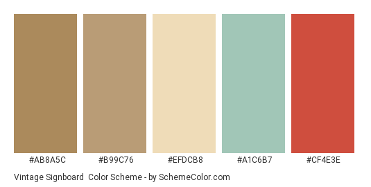 Vintage Signboard - Color scheme palette thumbnail - #ab8a5c #b99c76 #efdcb8 #a1c6b7 #cf4e3e 