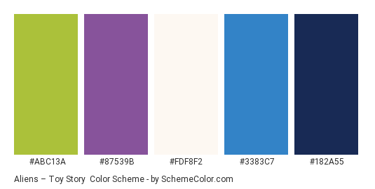Aliens – Toy Story - Color scheme palette thumbnail - #abc13a #87539b #fdf8f2 #3383c7 #182a55 