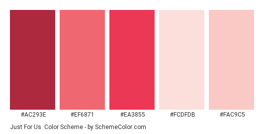 Just For Us - Color scheme palette thumbnail - #ac293e #ef6871 #ea3855 #fcdfdb #fac9c5 