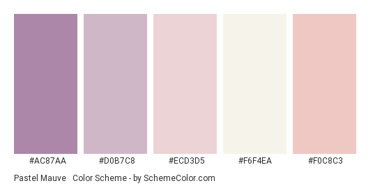 Pastel Mauve & Lavender - Color scheme palette thumbnail - #ac87aa #d0b7c8 #ecd3d5 #f6f4ea #f0c8c3 