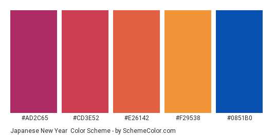 Japanese New Year - Color scheme palette thumbnail - #ad2c65 #cd3e52 #e26142 #f29538 #0851b0 