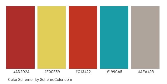 Colors boards - Color scheme palette thumbnail - #ad2d2a #e0ce59 #c13422 #199ca5 #aea49b 