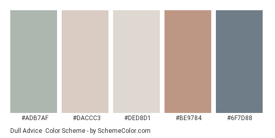 Dull Advice - Color scheme palette thumbnail - #adb7af #daccc3 #ded8d1 #be9784 #6f7d88 