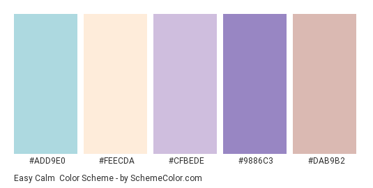 Easy Calm - Color scheme palette thumbnail - #add9e0 #feecda #cfbede #9886c3 #dab9b2 