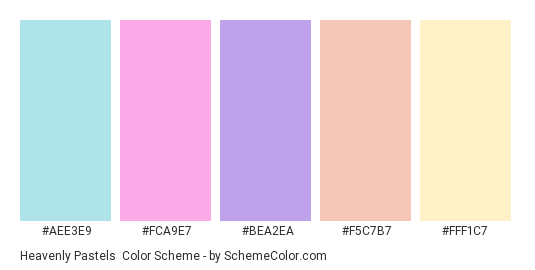 Heavenly Pastels - Color scheme palette thumbnail - #aee3e9 #fca9e7 #bea2ea #f5c7b7 #fff1c7 