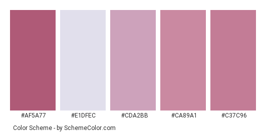 Spring Flower - Color scheme palette thumbnail - #af5a77 #e1dfec #cda2bb #ca89a1 #c37c96 