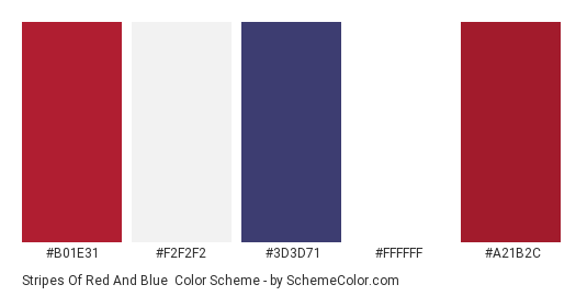 Stripes of Red and Blue - Color scheme palette thumbnail - #b01e31 #f2f2f2 #3d3d71 #ffffff #a21b2c 