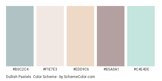 Dullish Pastels - Color scheme palette thumbnail - #b0c2c4 #f1e7e3 #edd9c6 #b5a0a1 #c4e4de 