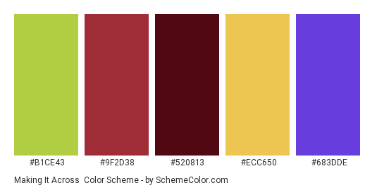 Making it Across - Color scheme palette thumbnail - #b1ce43 #9f2d38 #520813 #ecc650 #683dde 