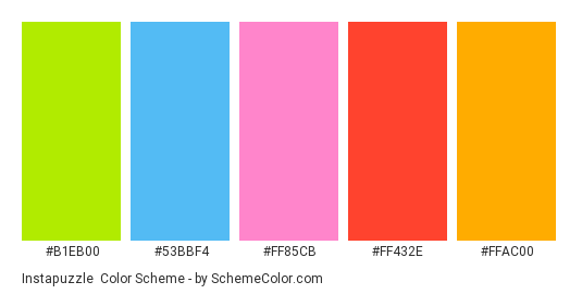 Instapuzzle - Color scheme palette thumbnail - #b1eb00 #53bbf4 #ff85cb #ff432e #ffac00 