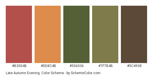 Late Autumn Evening - Color scheme palette thumbnail - #b3504b #dd8c4b #556036 #7f7b4b #5c4938 