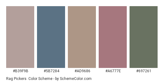 Rag Pickers - Color scheme palette thumbnail - #b39f9b #5b7284 #ad9686 #a6777e #697261 
