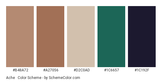 Ache & Depression - Color scheme palette thumbnail - #b48a72 #a27056 #d2c0ad #1c6657 #1c192f 