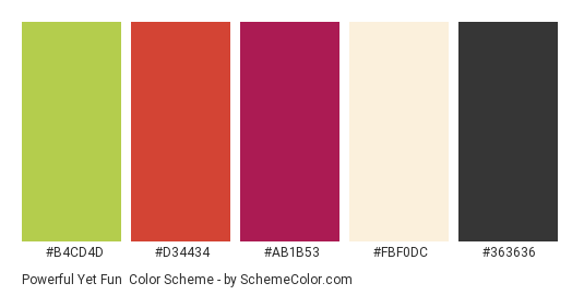 Powerful Yet Fun - Color scheme palette thumbnail - #b4cd4d #d34434 #ab1b53 #fbf0dc #363636 