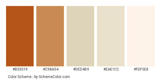 White Bread - Color scheme palette thumbnail - #b55519 #c98a54 #ded4b9 #eae1cc #fdf3e8 