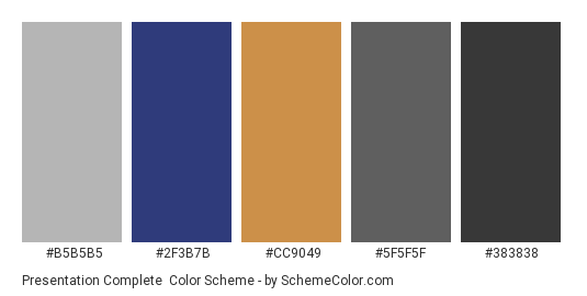 Presentation Complete - Color scheme palette thumbnail - #b5b5b5 #2f3b7b #cc9049 #5f5f5f #383838 