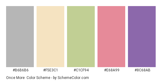 Once More - Color scheme palette thumbnail - #b6b6b6 #f5e3c1 #C1CF94 #E68A99 #8C68AB 