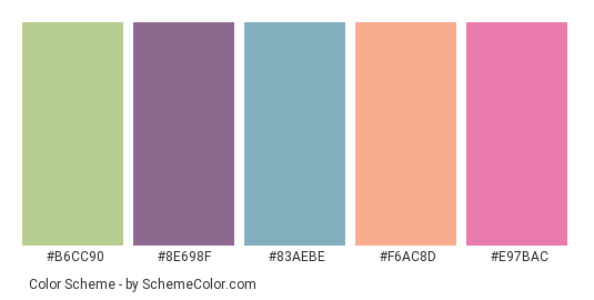 Tasty Macaroons - Color scheme palette thumbnail - #b6cc90 #8e698f #83aebe #f6ac8d #e97bac 