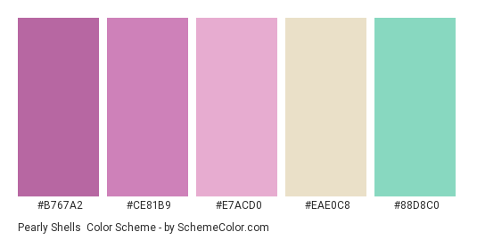 Pearly Shells - Color scheme palette thumbnail - #b767a2 #ce81b9 #e7acd0 #eae0c8 #88d8c0 