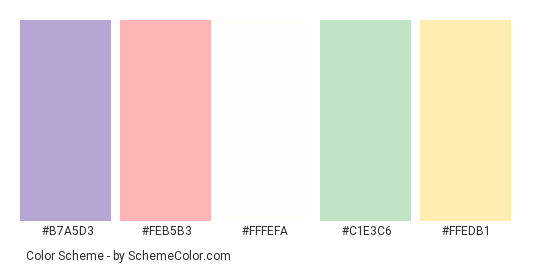 Cake for Birthday Girl - Color scheme palette thumbnail - #b7a5d3 #feb5b3 #fffefa #c1e3c6 #ffedb1 