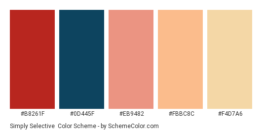 Simply Selective - Color scheme palette thumbnail - #b8261f #0d445f #eb9482 #fbbc8c #f4d7a6 