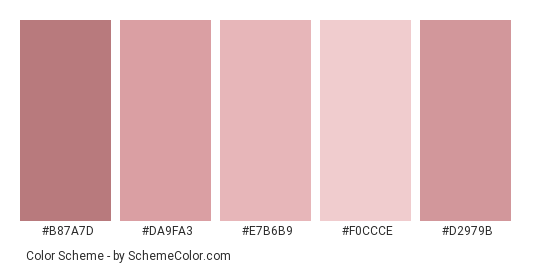 Rose Gold Satin - Color scheme palette thumbnail - #b87a7d #da9fa3 #e7b6b9 #f0ccce #d2979b 
