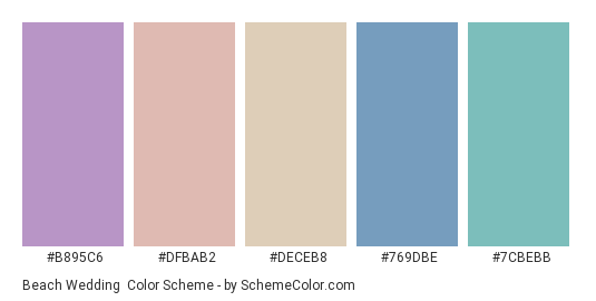 Beach Wedding - Color scheme palette thumbnail - #b895c6 #dfbab2 #deceb8 #769dbe #7cbebb 