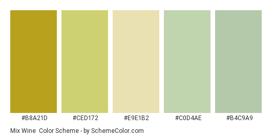 Mix Wine - Color scheme palette thumbnail - #b8a21d #ced172 #e9e1b2 #c0d4ae #b4c9a9 