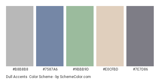 Dull Accents - Color scheme palette thumbnail - #b8b8b8 #7587a6 #9bbb9d #e0cfbd #7e7d86 