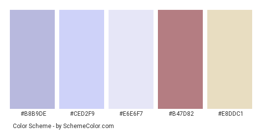 Mr and Mrs Lavender - Color scheme palette thumbnail - #b8b9de #ced2f9 #e6e6f7 #b47d82 #e8ddc1 