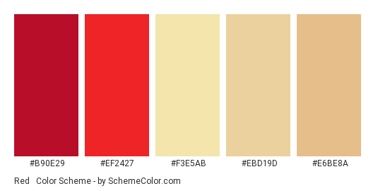 Red & Champagne Gold - Color scheme palette thumbnail - #b90e29 #ef2427 #f3e5ab #ebd19d #e6be8a 