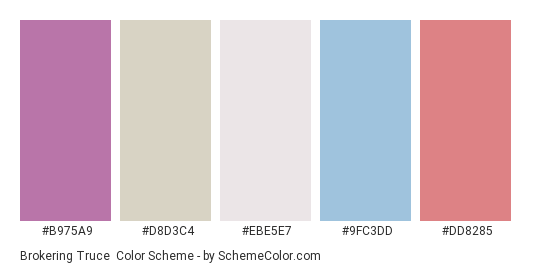 Brokering Truce - Color scheme palette thumbnail - #b975a9 #d8d3c4 #ebe5e7 #9fc3dd #dd8285 