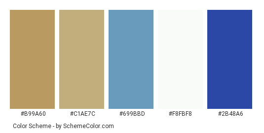 Modern Brick House - Color scheme palette thumbnail - #b99a60 #c1ae7c #699bbd #f8fbf8 #2b48a6 