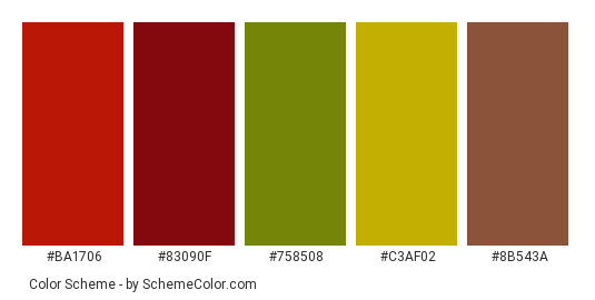Chestnuts in Autumn - Color scheme palette thumbnail - #ba1706 #83090f #758508 #c3af02 #8b543a 
