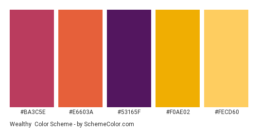 Wealthy - Color scheme palette thumbnail - #ba3c5e #e6603a #53165f #f0ae02 #fecd60 