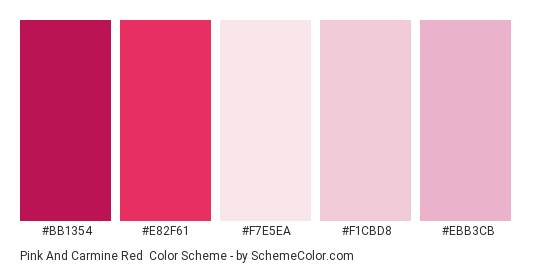 Pink and Carmine Red - Color scheme palette thumbnail - #bb1354 #e82f61 #f7e5ea #f1cbd8 #ebb3cb 