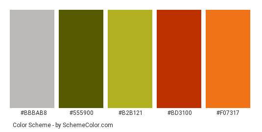 Baskets green orange - Color scheme palette thumbnail - #bbbab8 #555900 #b2b121 #bd3100 #f07317 