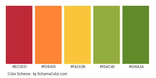 Spring Blooms - Color scheme palette thumbnail - #bc2837 #fd8435 #fac63b #95ac40 #608a2a 