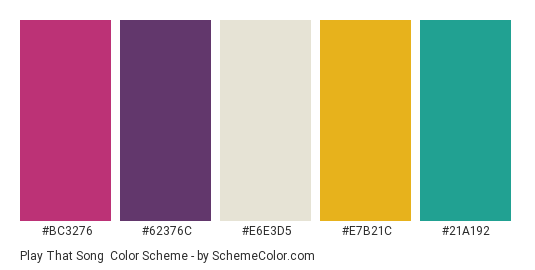 Play That Song - Color scheme palette thumbnail - #bc3276 #62376c #e6e3d5 #e7b21c #21a192 