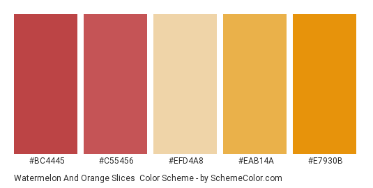 Watermelon and Orange Slices - Color scheme palette thumbnail - #bc4445 #c55456 #efd4a8 #eab14a #e7930b 